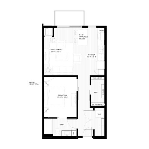 A floor plan of a small apartment with a living area, a kitchen, a bedroom, a bathroom, and a partial height wall.